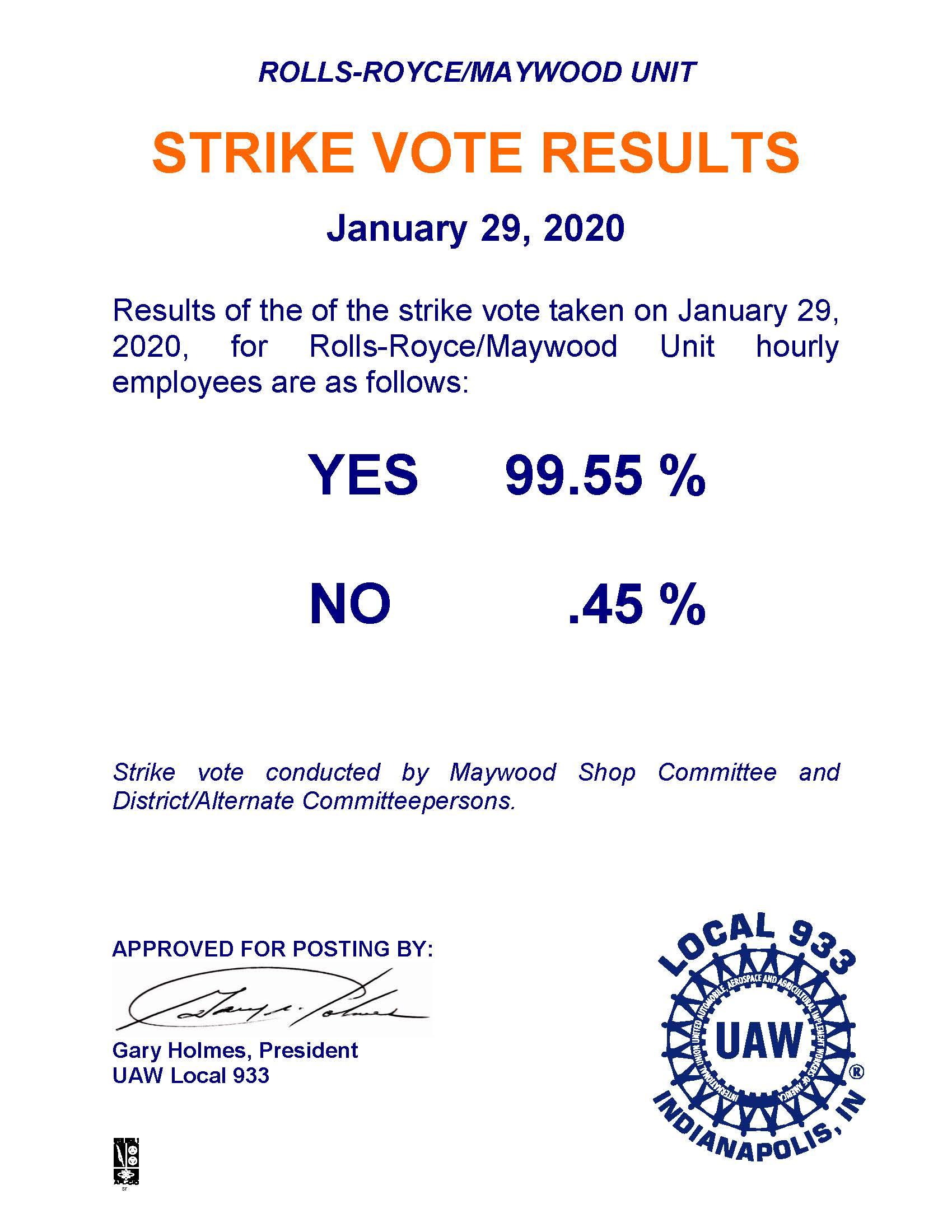 RR Maywood Strike Vote Results UAW Local 933