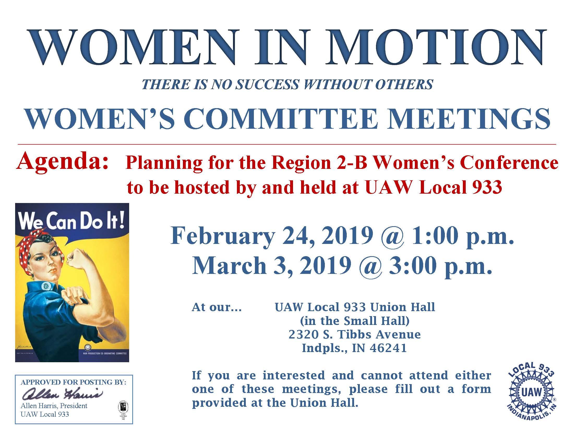 WOMEN’S COMMITTEE MEETINGS and VOLUNTEER FORM UAW Local 933