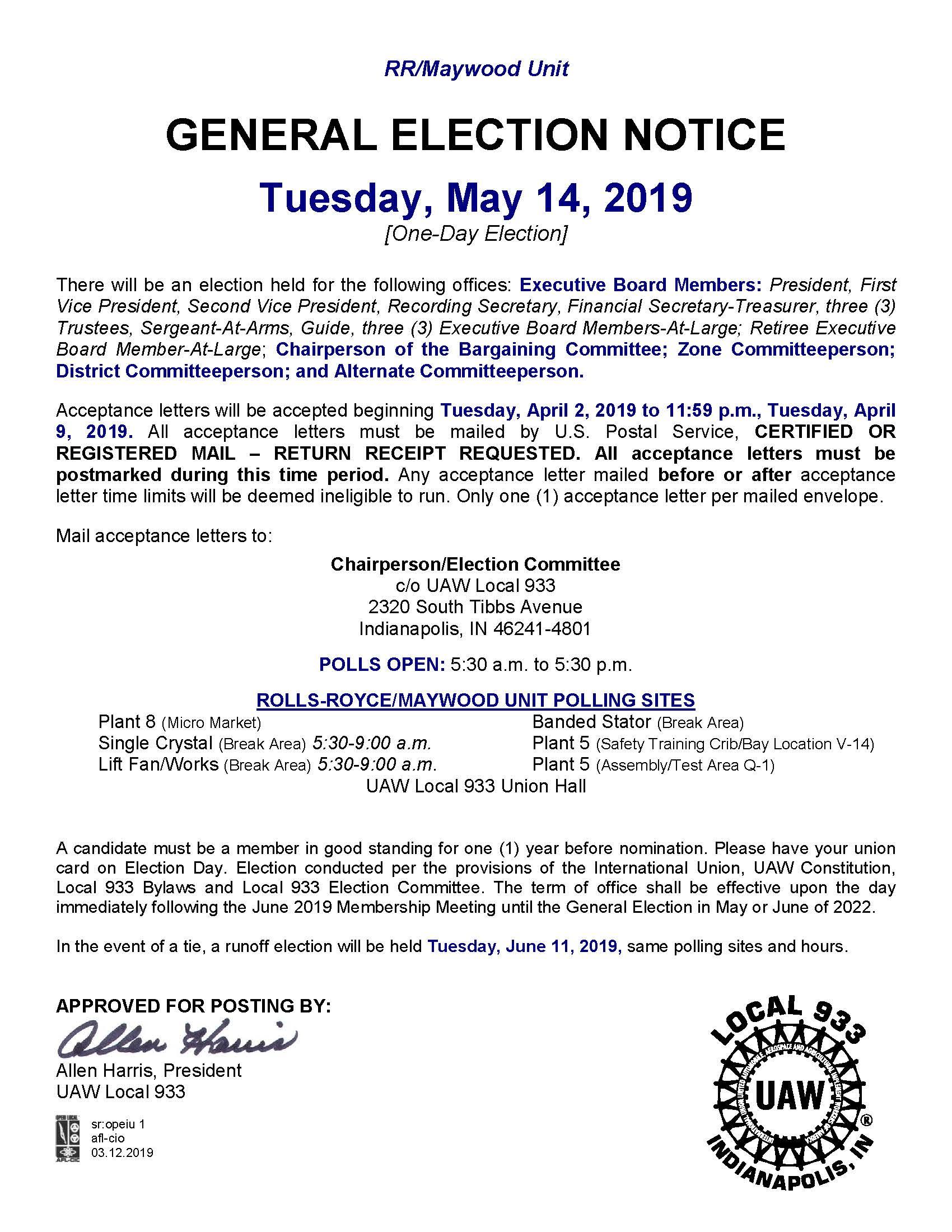 RR/Maywood Unit GENERAL ELECTION NOTICE Tuesday, May 14, 2019 UAW