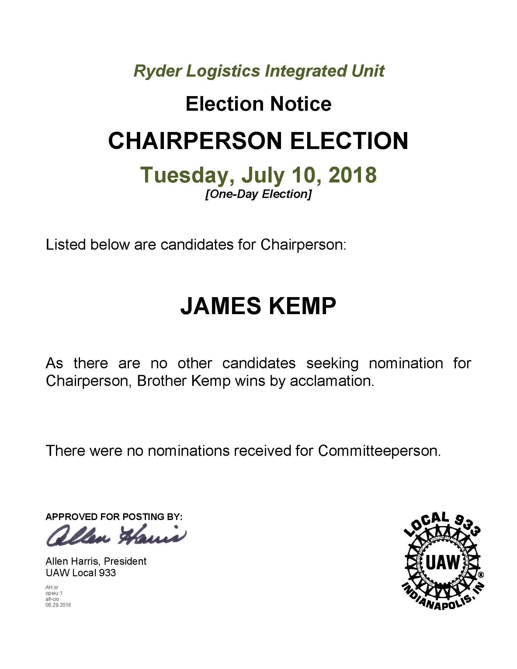 Ryder Logistics Integrated Unit Election Notice CHAIRPERSON ELECTION