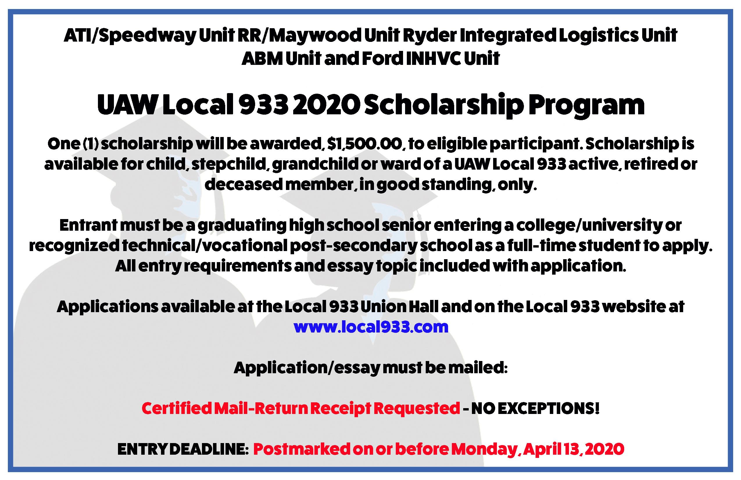 UAW Local 933 2020 Scholarship Program UAW Local 933