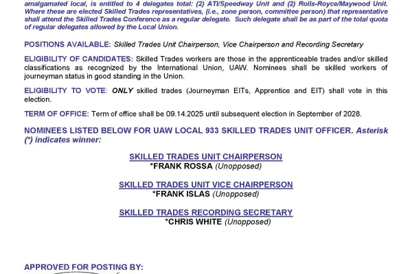 Skilled Trades Officer Election Results