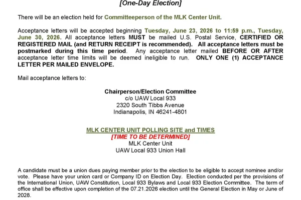 Local 933 - MLK Center Election Notice