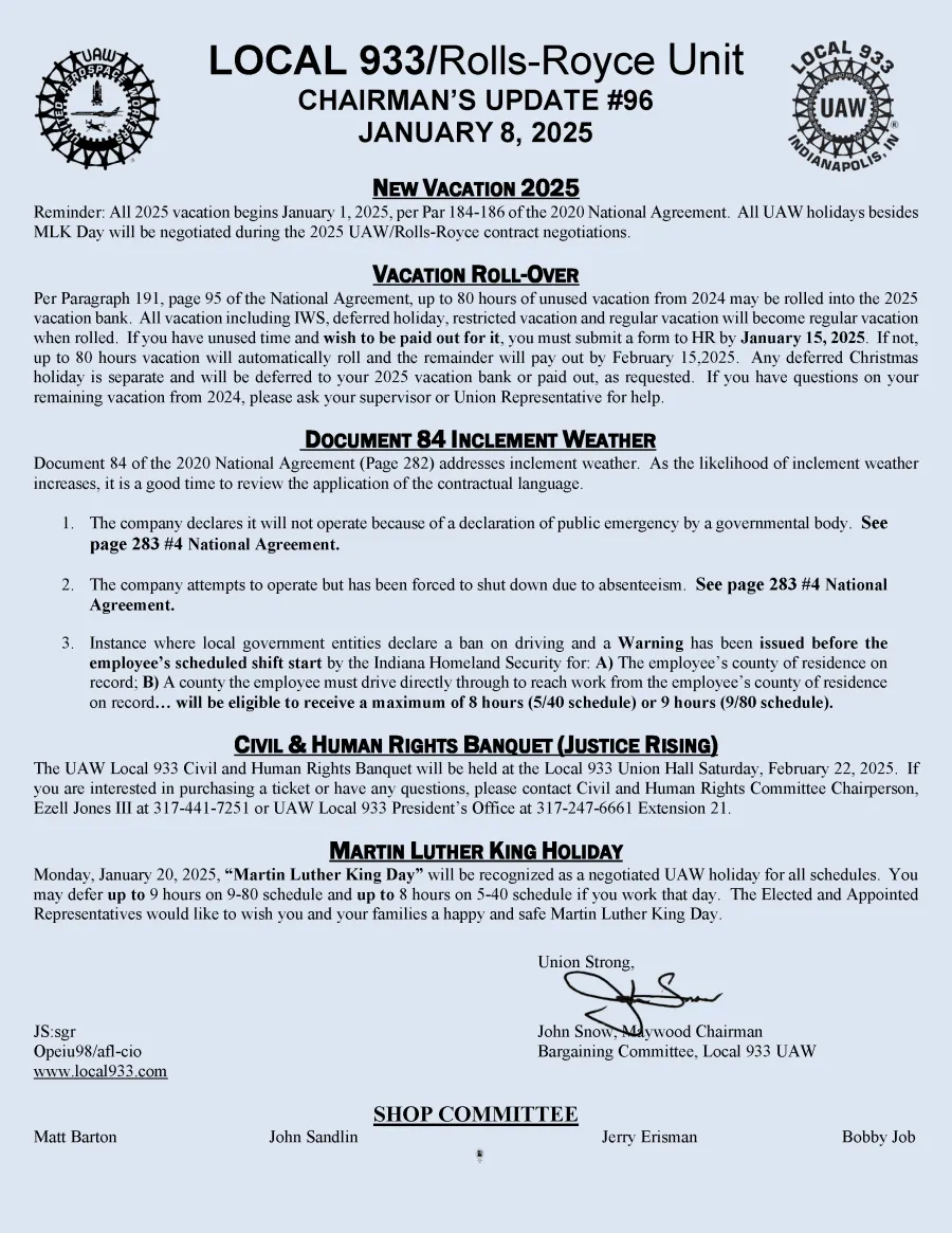 Local 933/Rolls-Royce Unit Chairman's Update #96