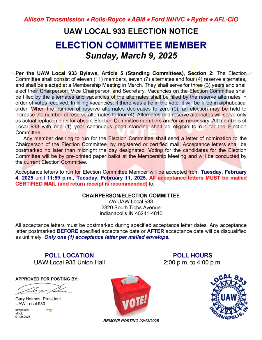 UAW Local 933 Election Notice - Election Committee