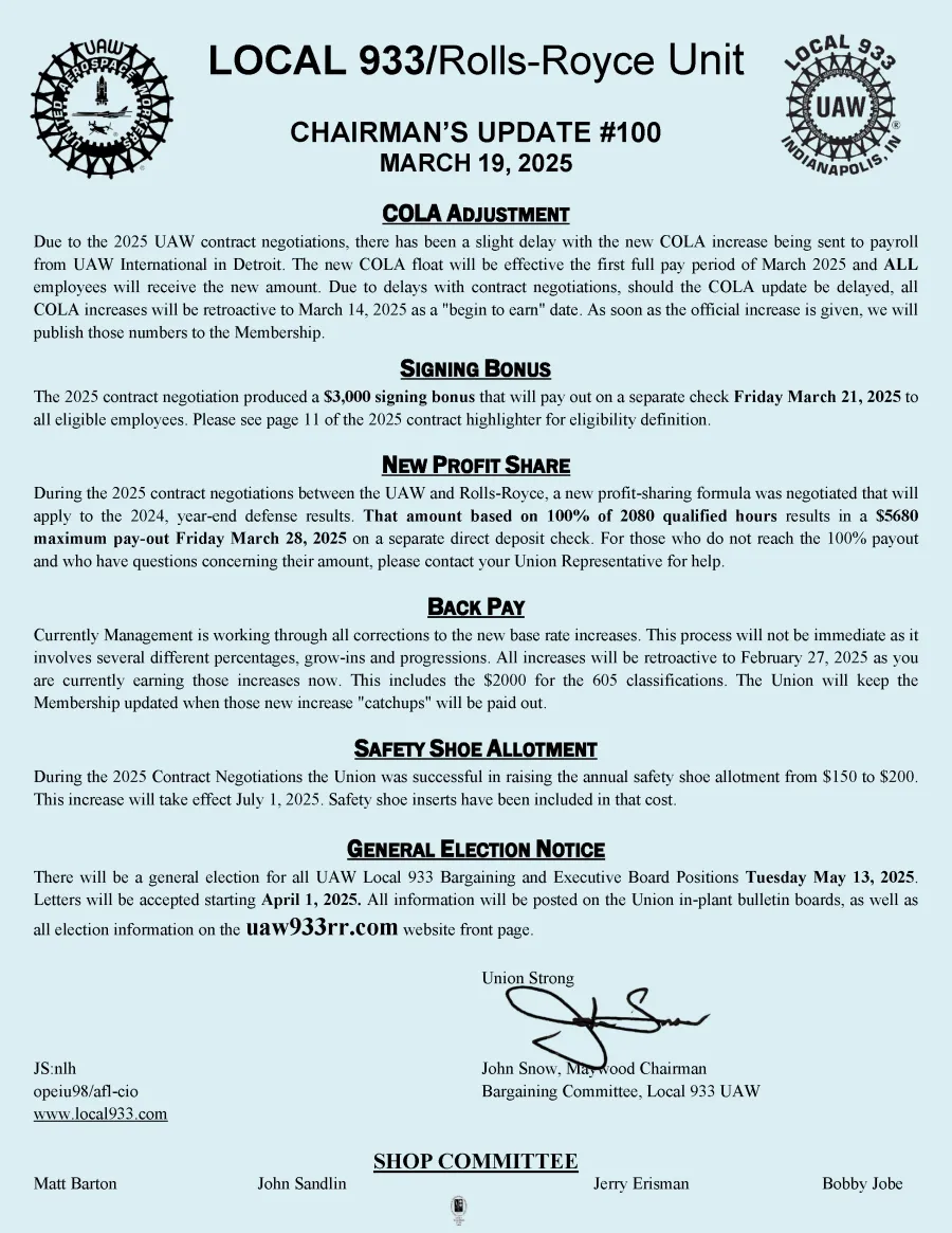 Local 933/Rolls-Royce Unit Chairman's Update #100
