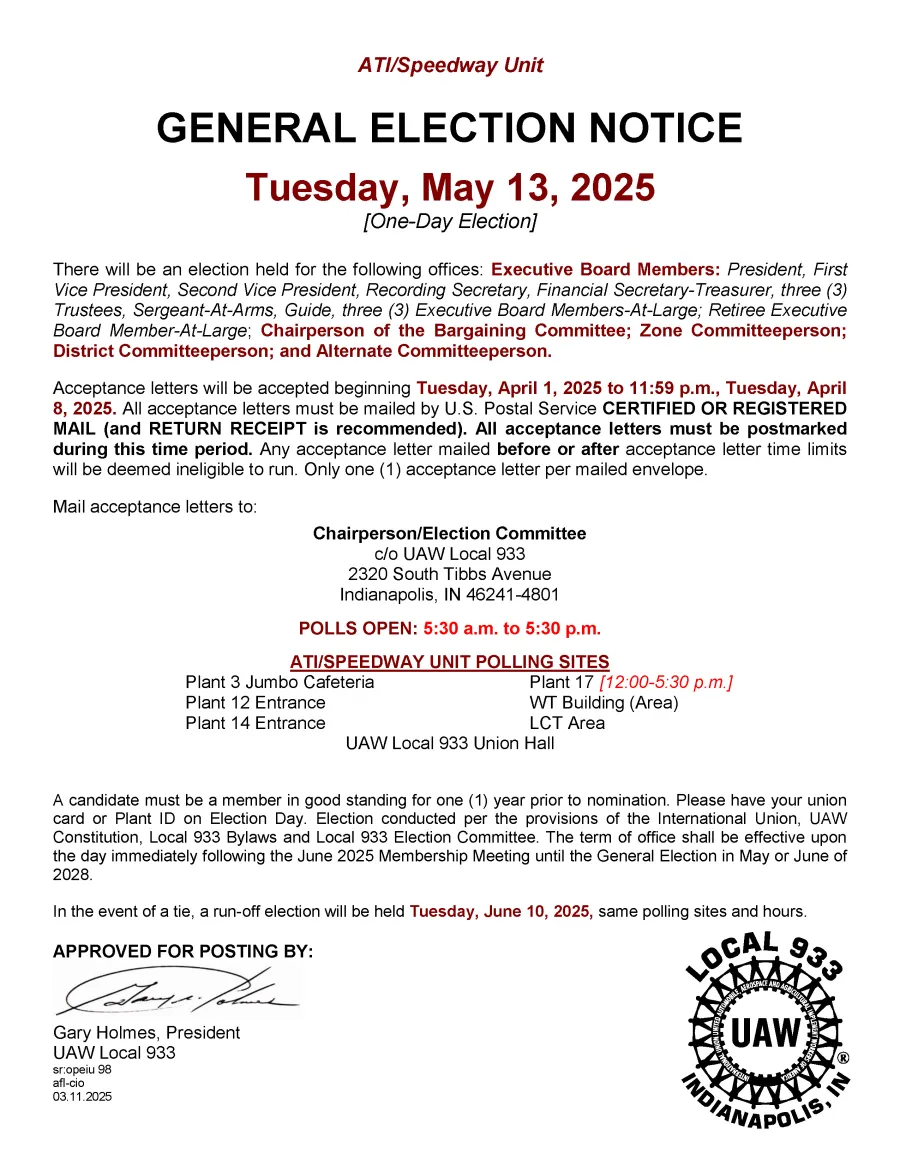 General Election Notice -  ATI/Speedway Unit