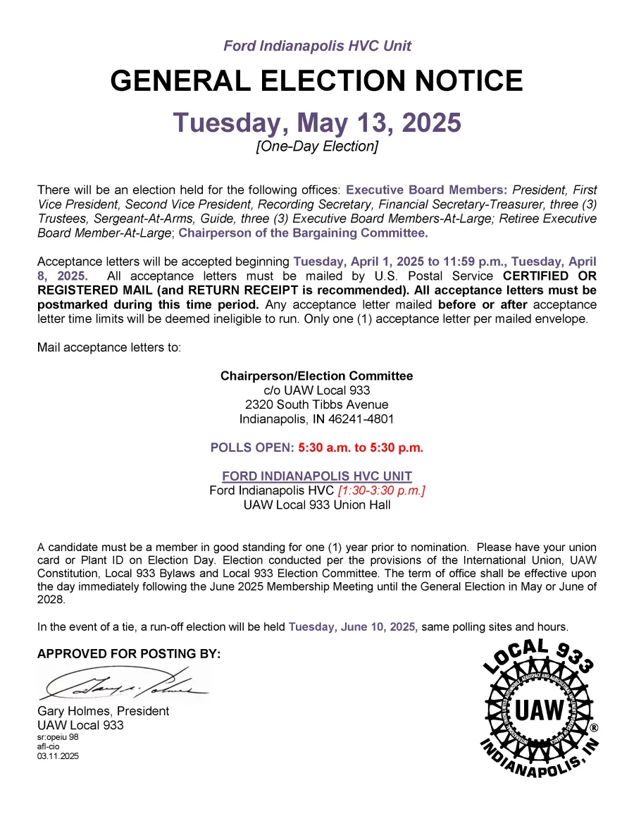 General Election Notice -  Ford Indianapolis HVC Unit