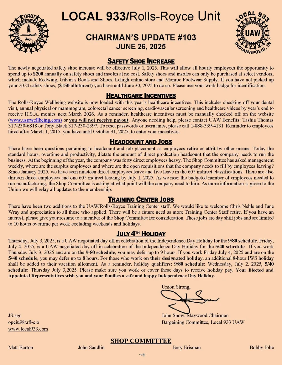 Local 933/Rolls-Royce Unit Chairman's Update #103