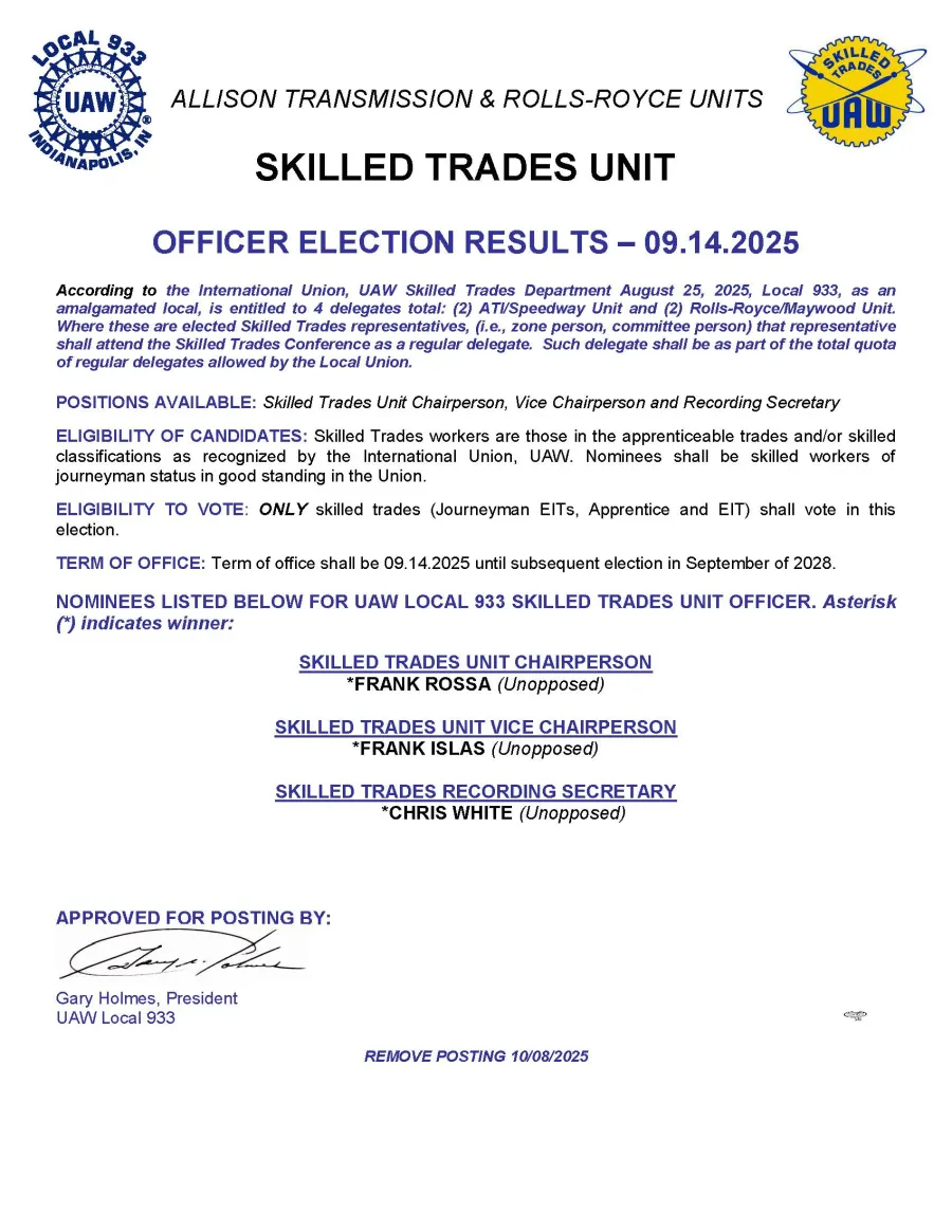 Skilled Trades Officer Election Results