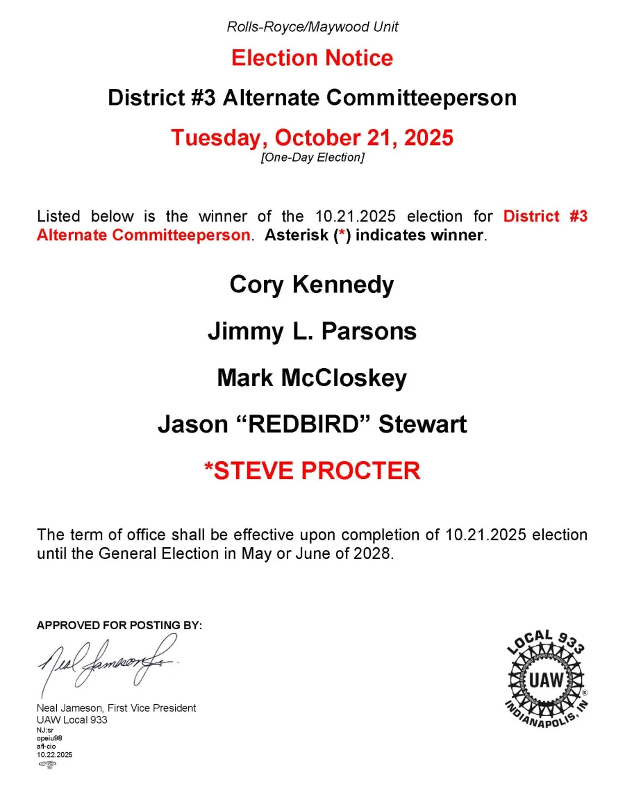 Local 933 - RR Unit Election Results