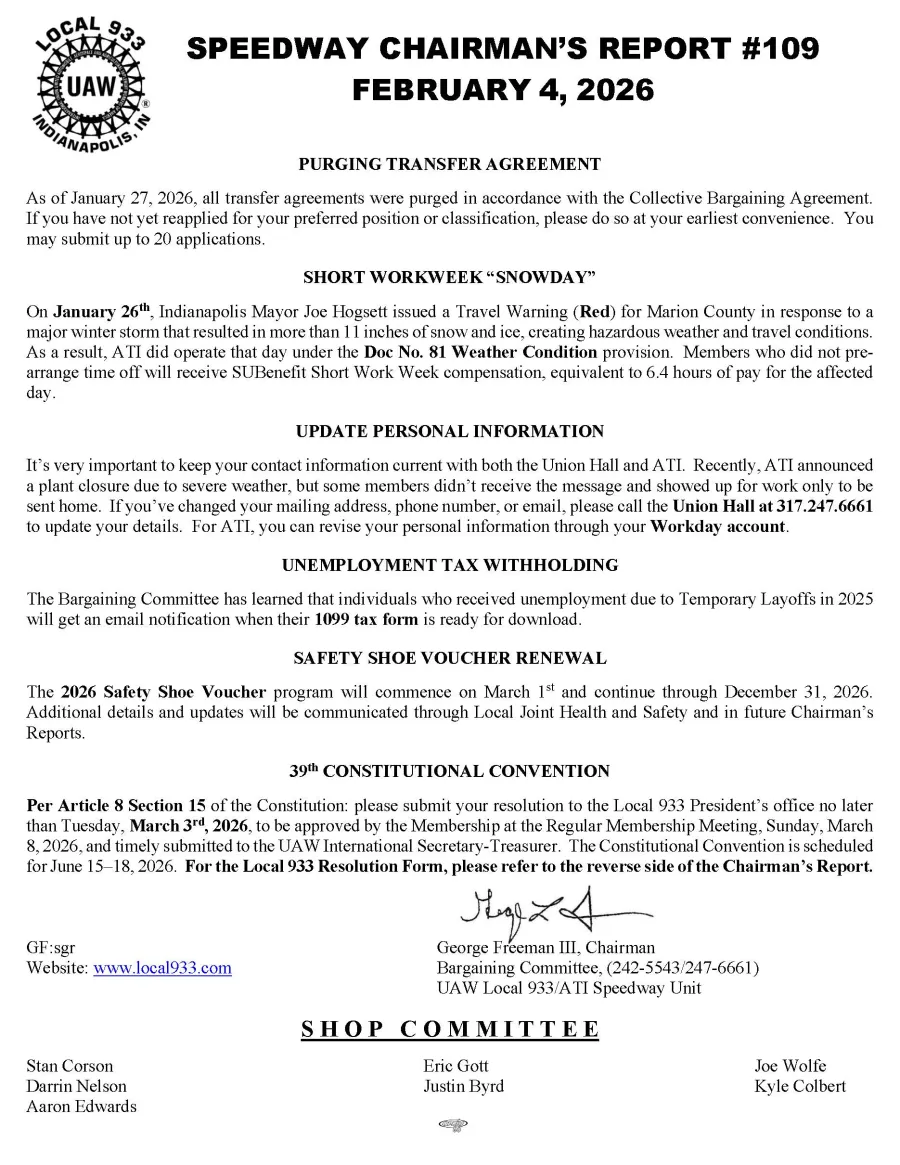 Speedway Chairman's Update #109