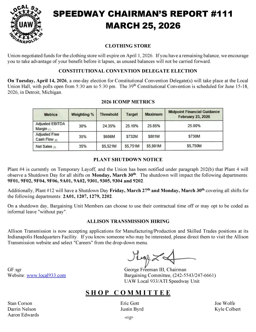 Speedway Chairman's Report #111