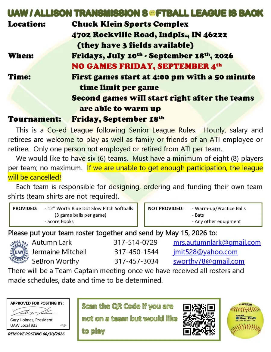 Local 933 ATI Softball League Info Sheet