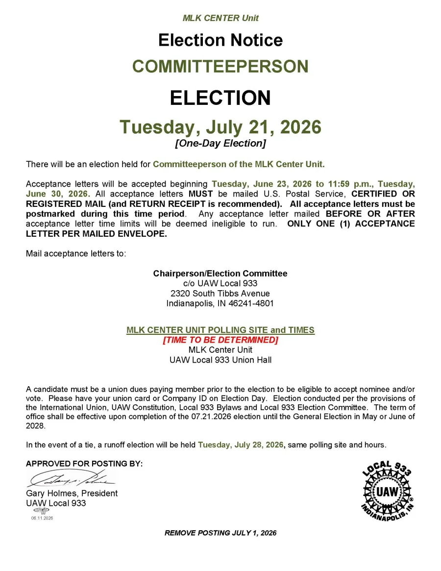 Local 933 - MLK Center Election Notice