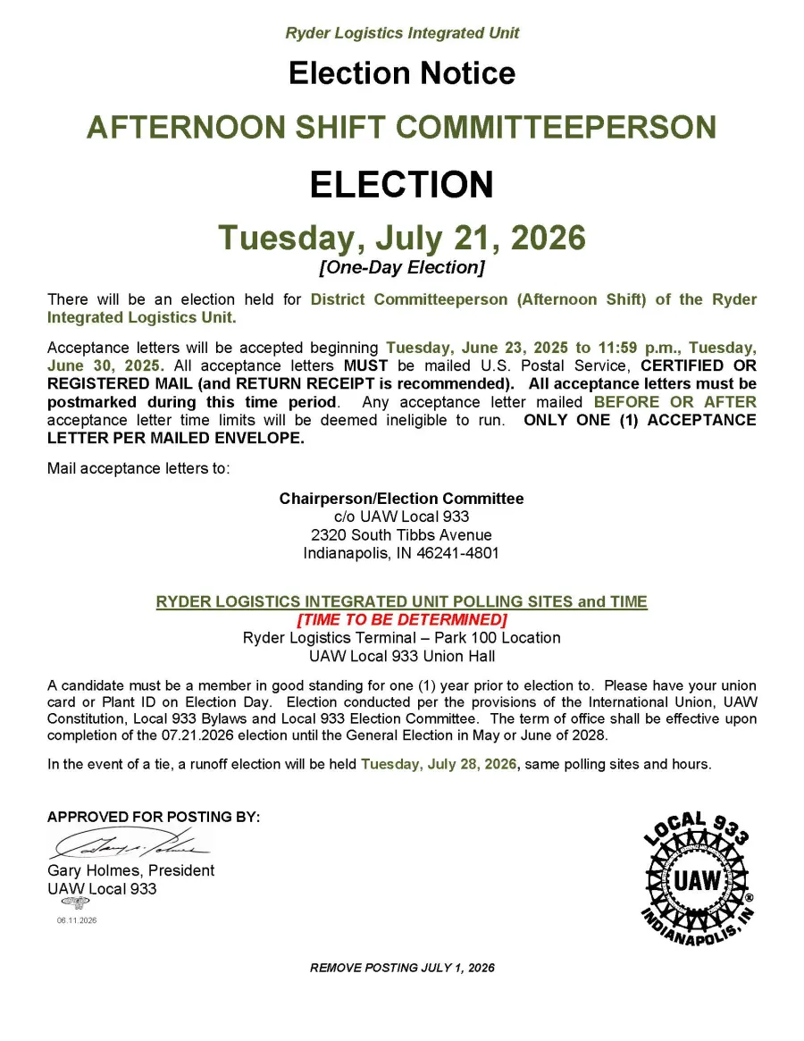 Local 933/Ryder Unit Election Notice