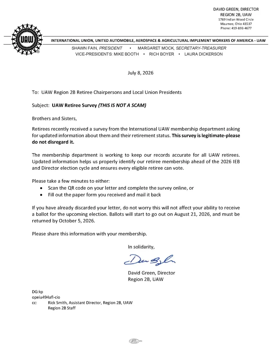 Retiree Survey Letter from Region 2B