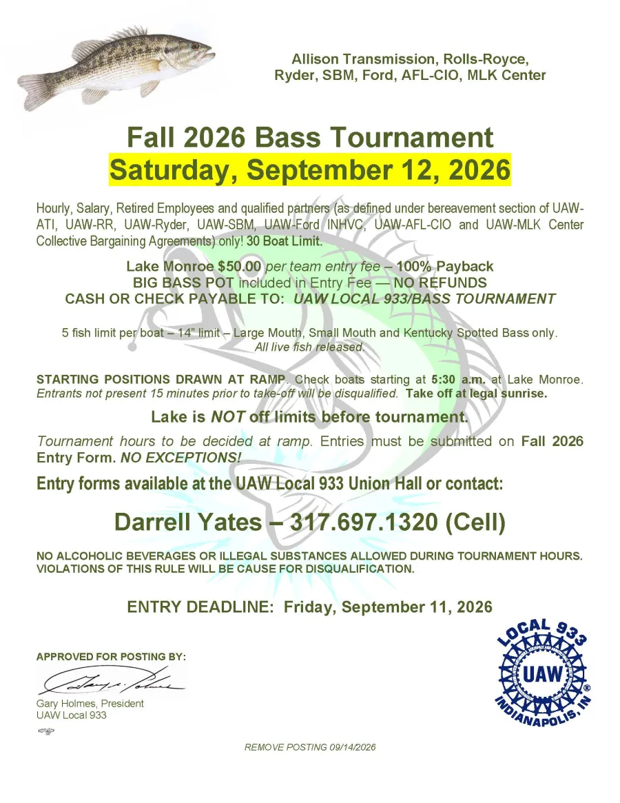 UAW Local 933 Fall Bass Tournament Flyer