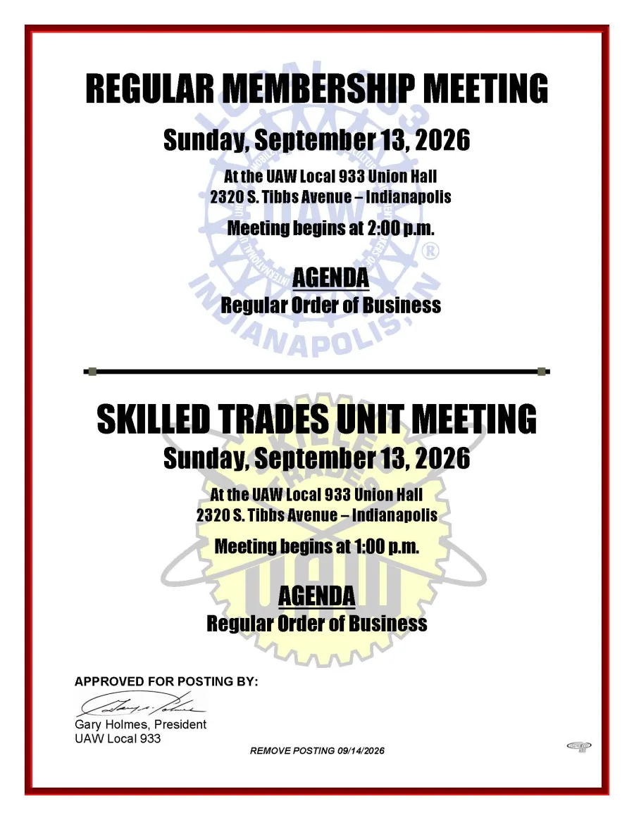 UAW Local 933 Membership Meeting Notice