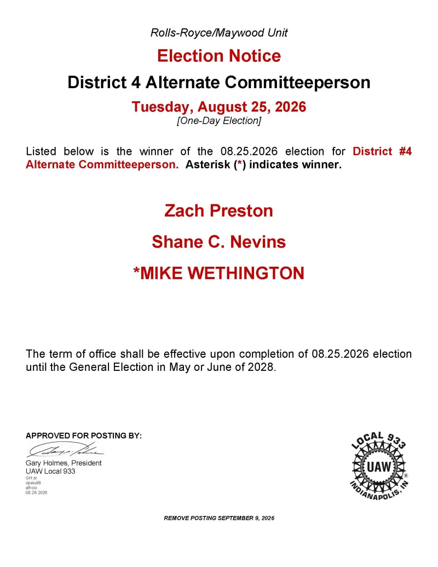 UAW Local 933/RR Unit District 4 Election Results