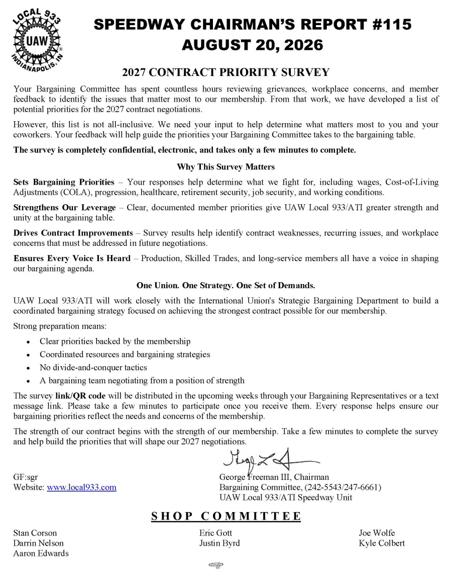 Speedway Chairman's Update #115